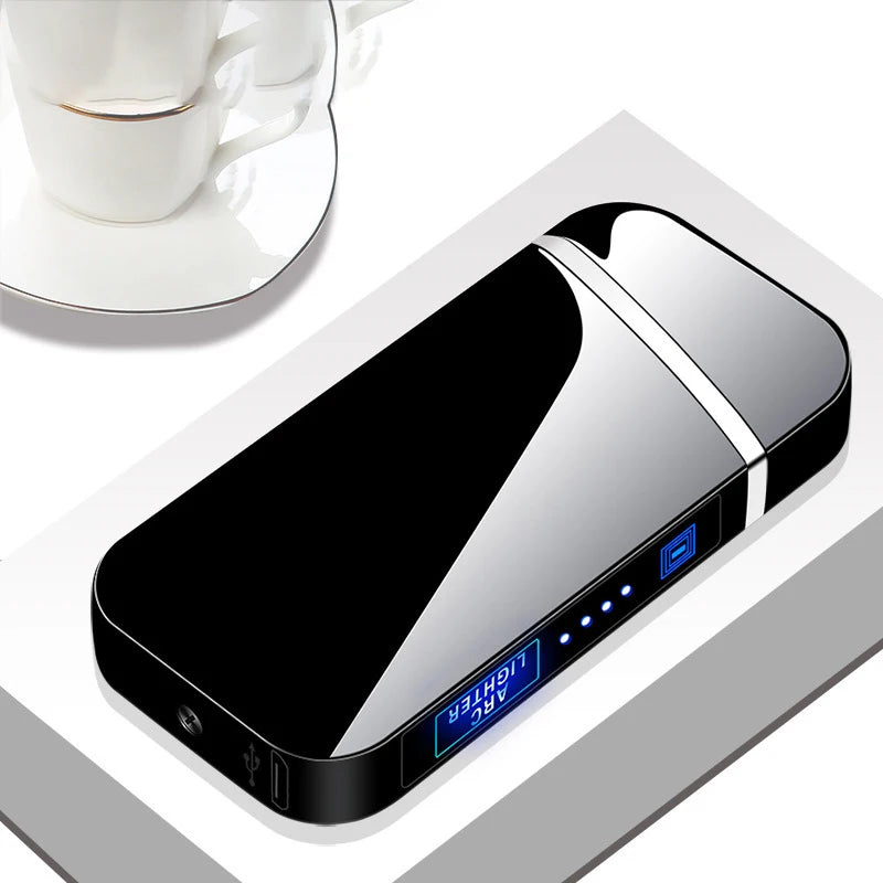 Electric Windproof Metal Lighter Double Arc Flameless Plasma Rechargeable USB Lighter LED Power Display Touch Sensor Lighters