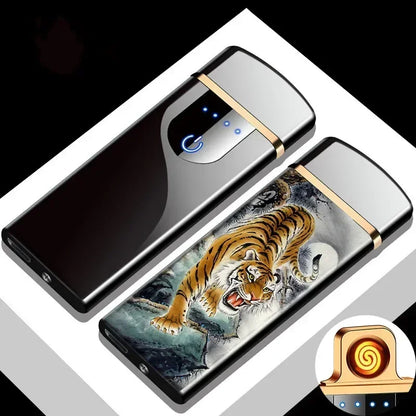 Electric Windproof Metal Lighter Double Arc Flameless Plasma Rechargeable USB Lighter LED Power Display Touch Sensor Lighters